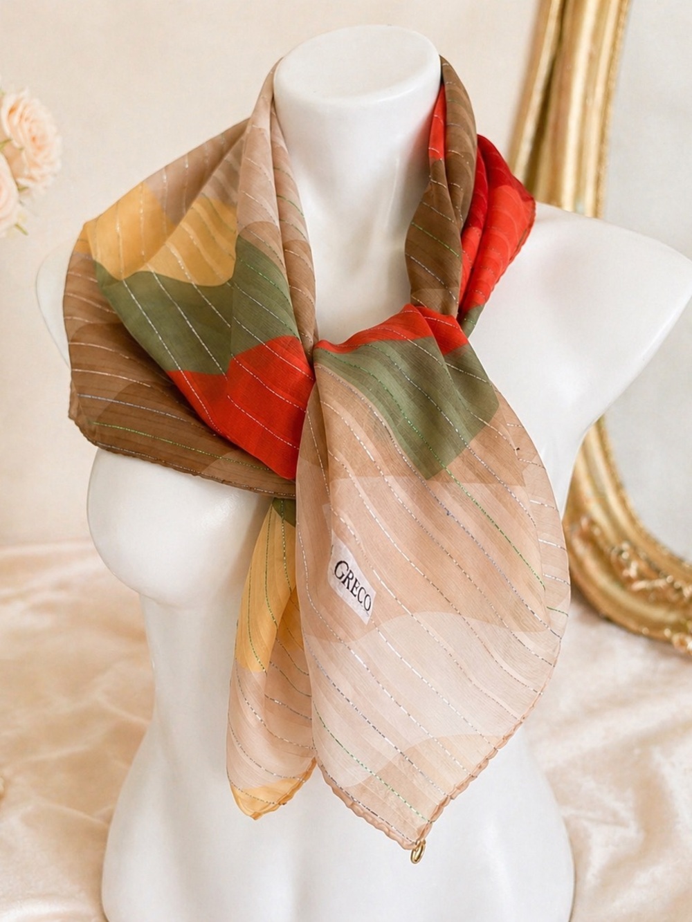 Olga Greco Vintage Designer Scarf 30x30 Earth Tones Lurex Metallic Wave Print